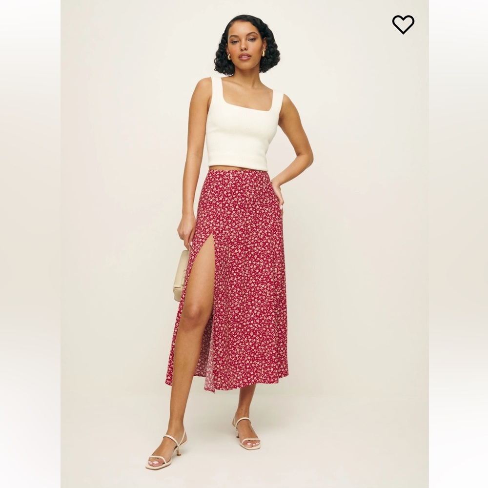 Reformation Red Floral Midi Skirt